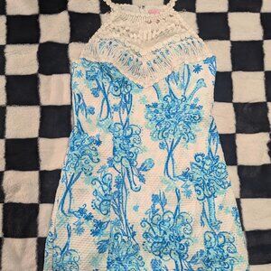 Lilly Pulitzer Blue & White Lace Neckline Floral Dress- Size 0